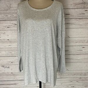 Eileen Fisher White/Gray Striped XL Tunic Top Scoop Neck 3/4 Sleeves Side Slits